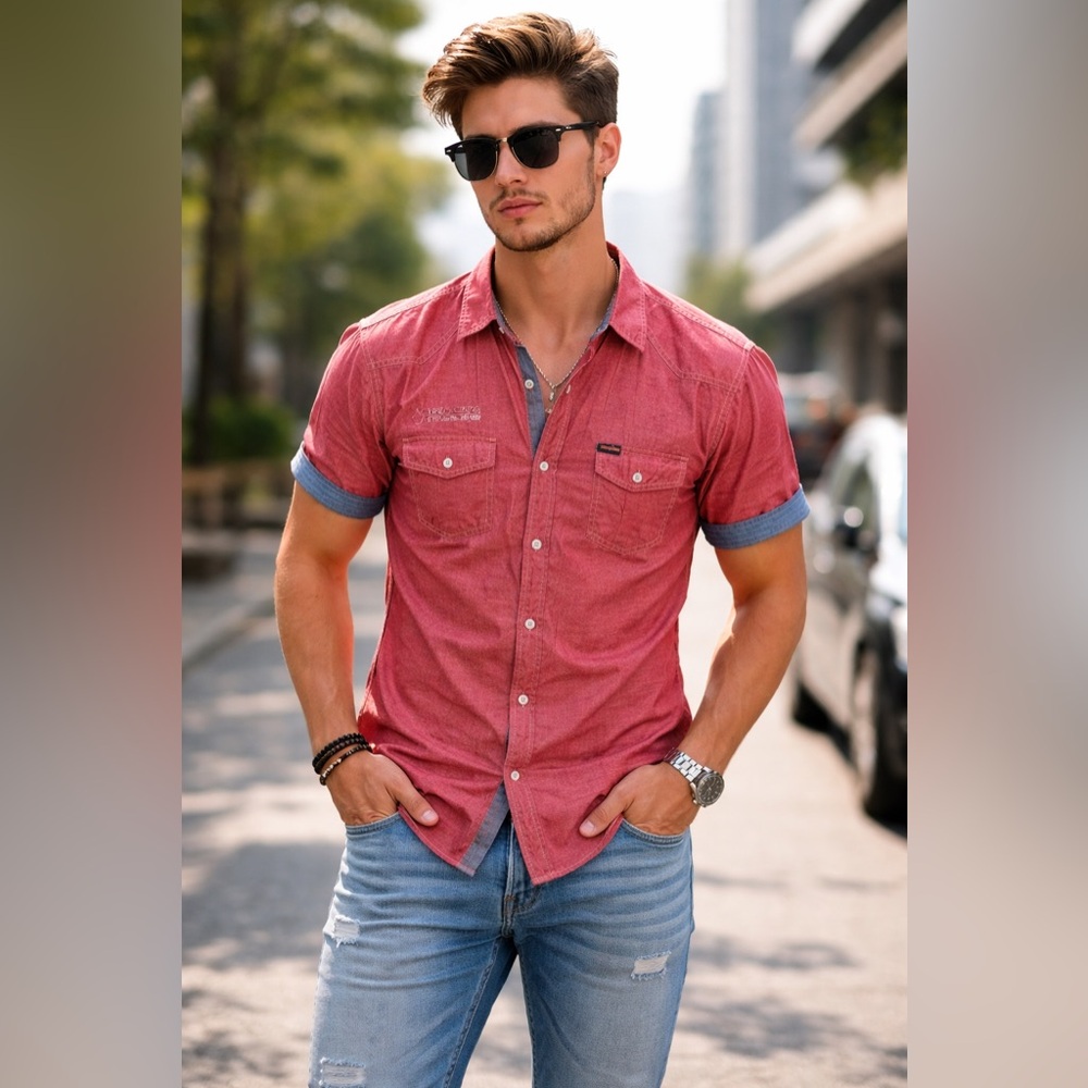 Swiss Cross Men’s Red Diamond Button Up Shirt Size Small